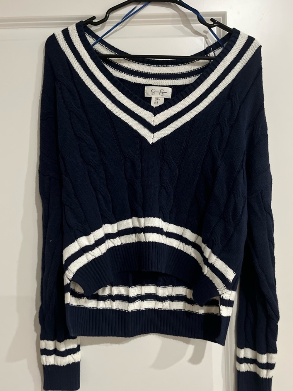 Jessica Simpson Navy V-Neck Cable-Knit Sweater with White Stripes